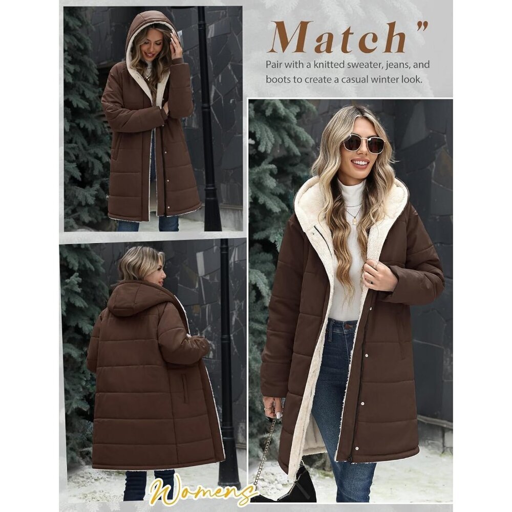 Women's Long Coffee Hooded Puffer Down Jacket Coat Fleece Warm Fashion Outerwear - Picture 5 of 9